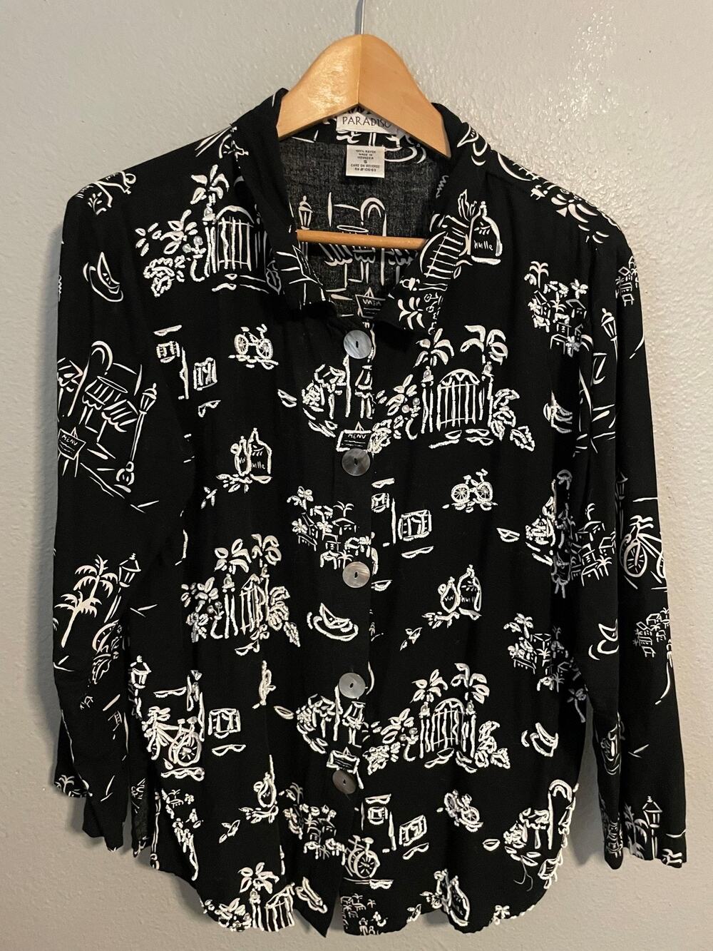 Vintage Womens Top Small Tropical Travel Beaded Artsy AOP Wacky 90s READ